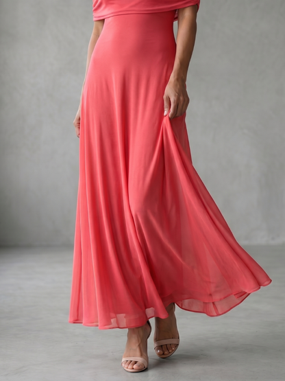 Women's Midi Dress with Off Shoulder Neckline and Draped Bodice