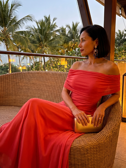 Women's Midi Dress with Off Shoulder Neckline and Draped Bodice