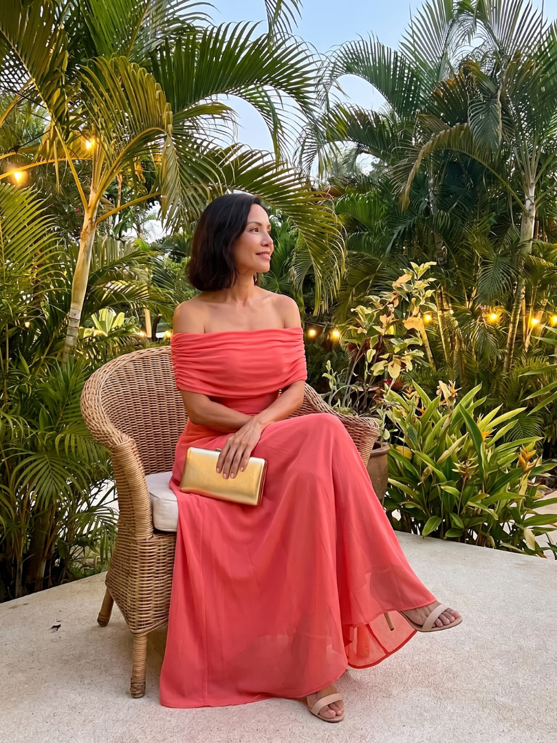 Women's Midi Dress with Off Shoulder Neckline and Draped Bodice