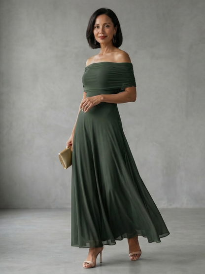 Women's Midi Dress with Off Shoulder Neckline and Draped Bodice