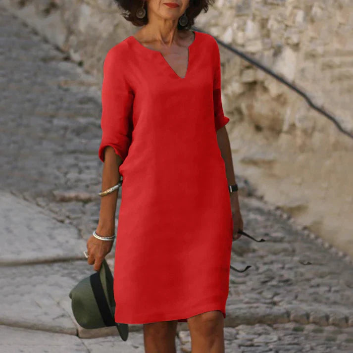 Women's Midi Dress with V-Neck and Flared Cut