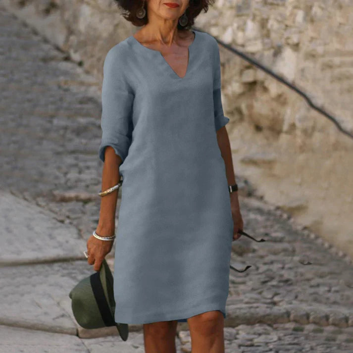 Women's Midi Dress with V-Neck and Flared Cut