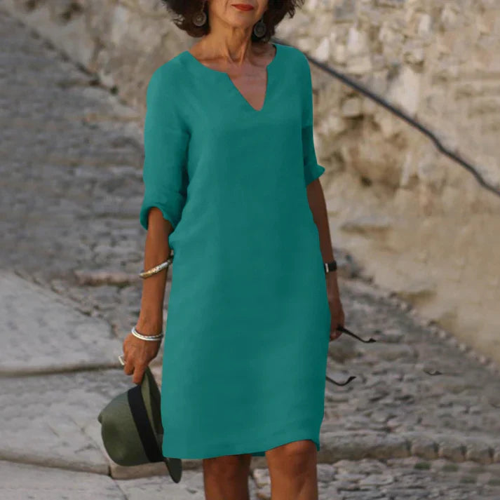 Women's Midi Dress with V-Neck and Flared Cut
