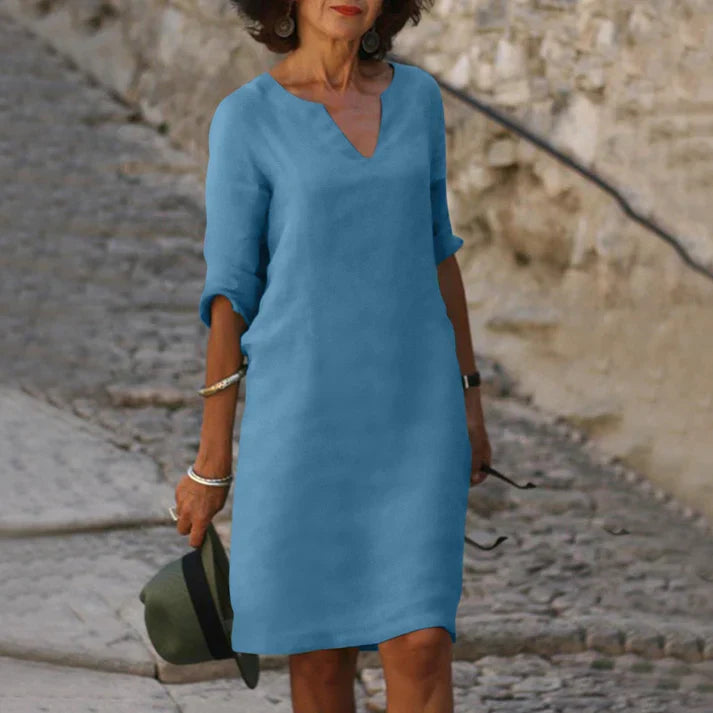 Women's Midi Dress with V-Neck and Flared Cut