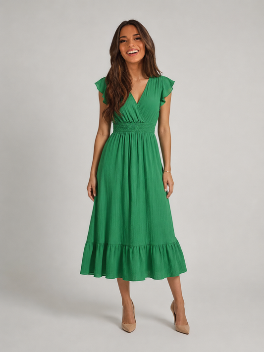 Women's Midi Dress with V-Neck and Shirred Waist
