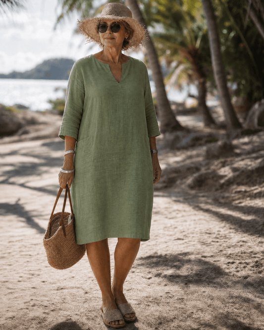 Women's Midi Dress with V-Neck and Three-Quarter Sleeves