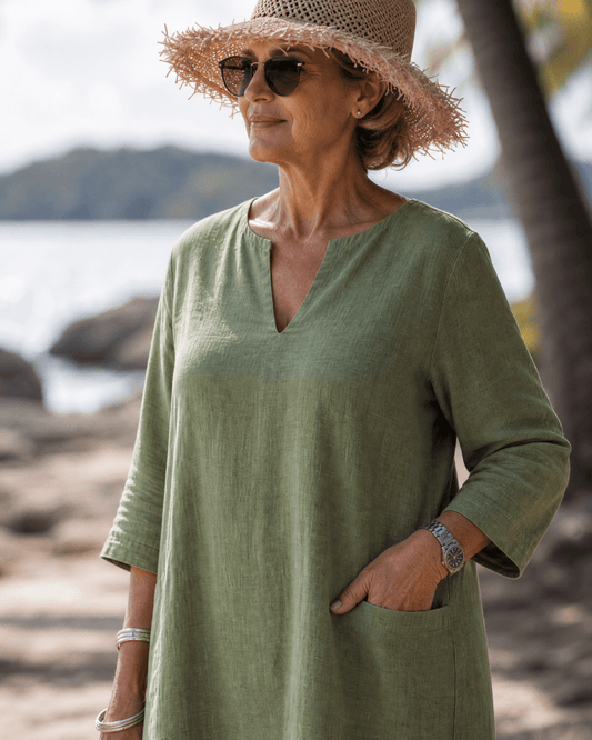 Women's Midi Dress with V-Neck and Three-Quarter Sleeves