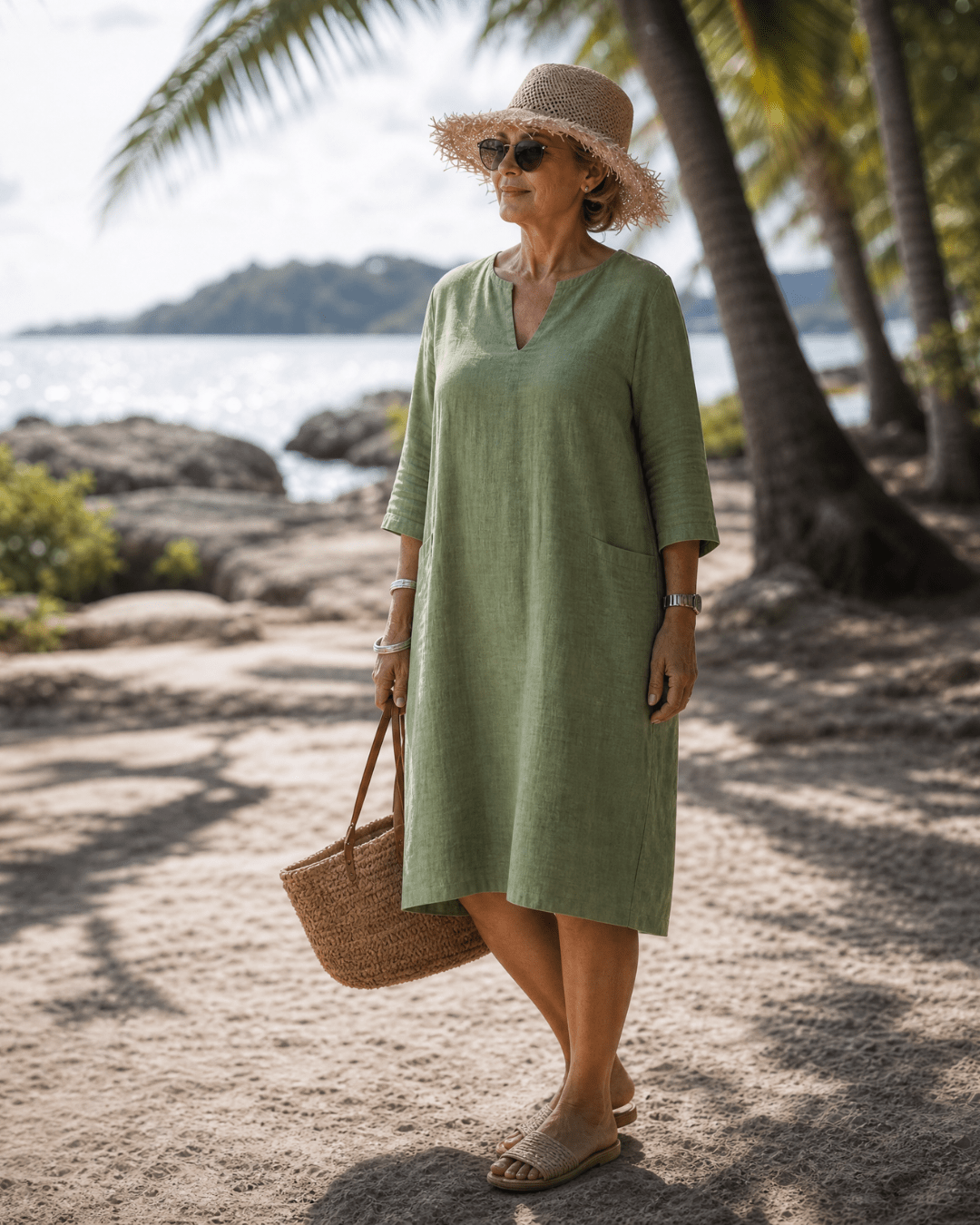 Women's Midi Dress with V-Neck and Three-Quarter Sleeves
