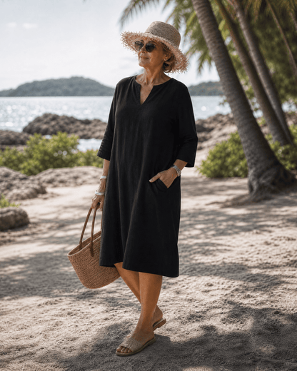 Women's Midi Dress with V-Neck and Three-Quarter Sleeves