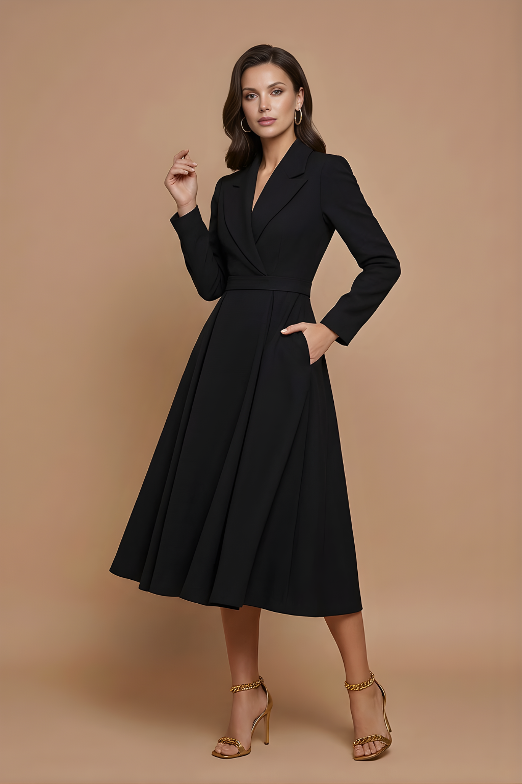 Women's Midi Dress with Wrap Front and Integrated Belt