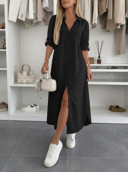 Women's Midi Shirt Dress with Rolled Sleeves and Loose Fit
