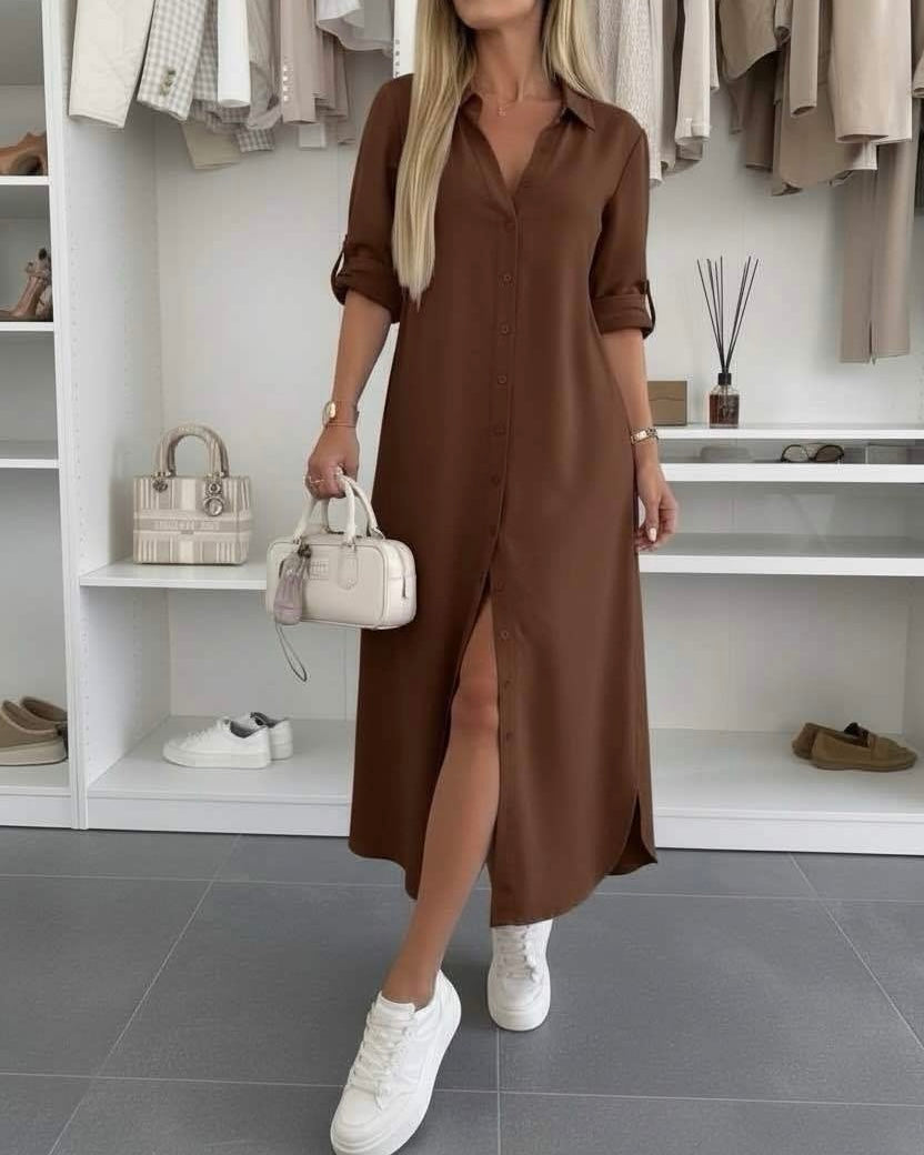 Women's Midi Shirt Dress with Rolled Sleeves and Loose Fit