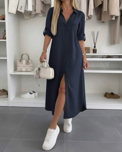 Women's Midi Shirt Dress with Rolled Sleeves and Loose Fit