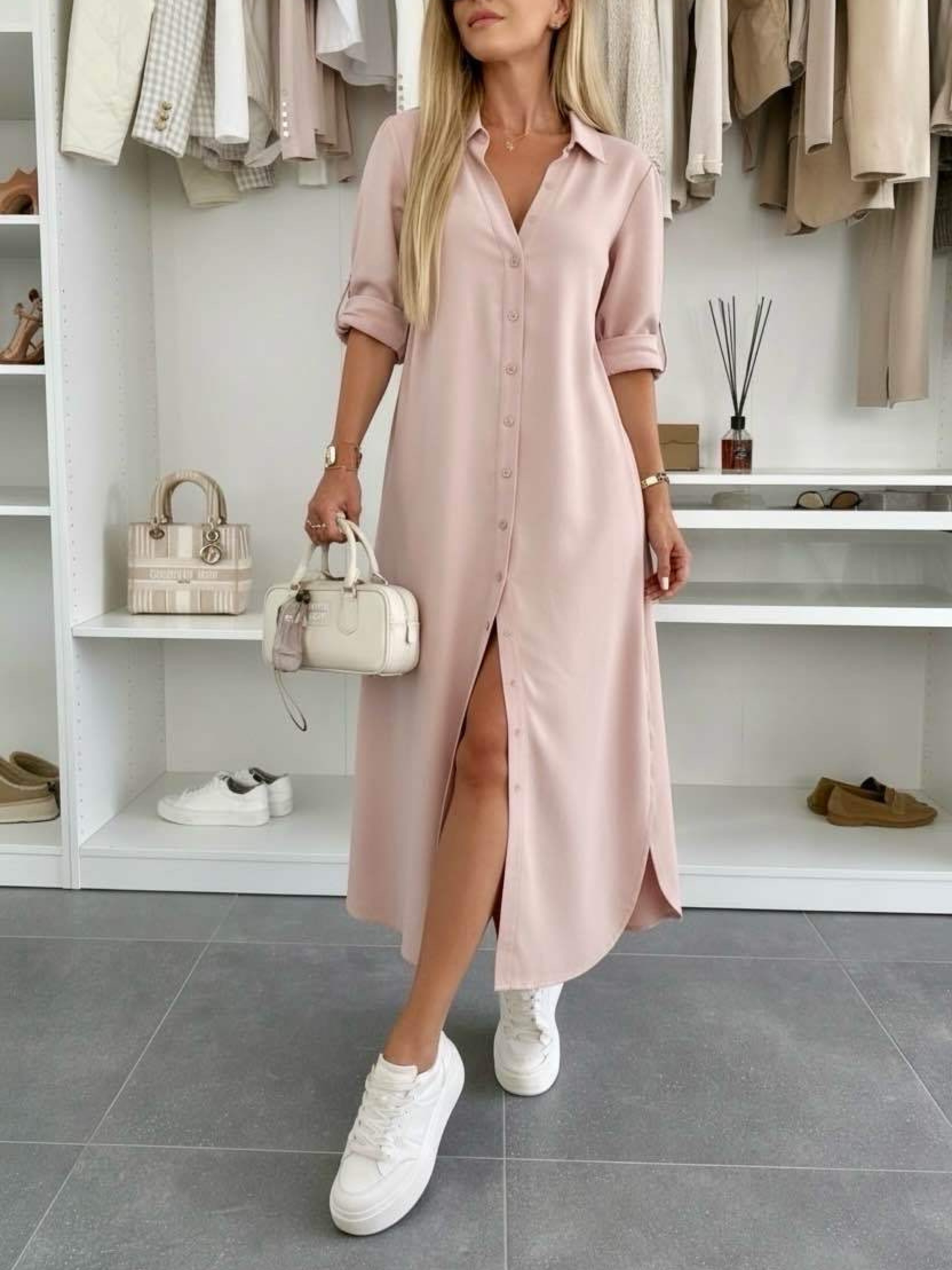 Women's Midi Shirt Dress with Rolled Sleeves and Loose Fit