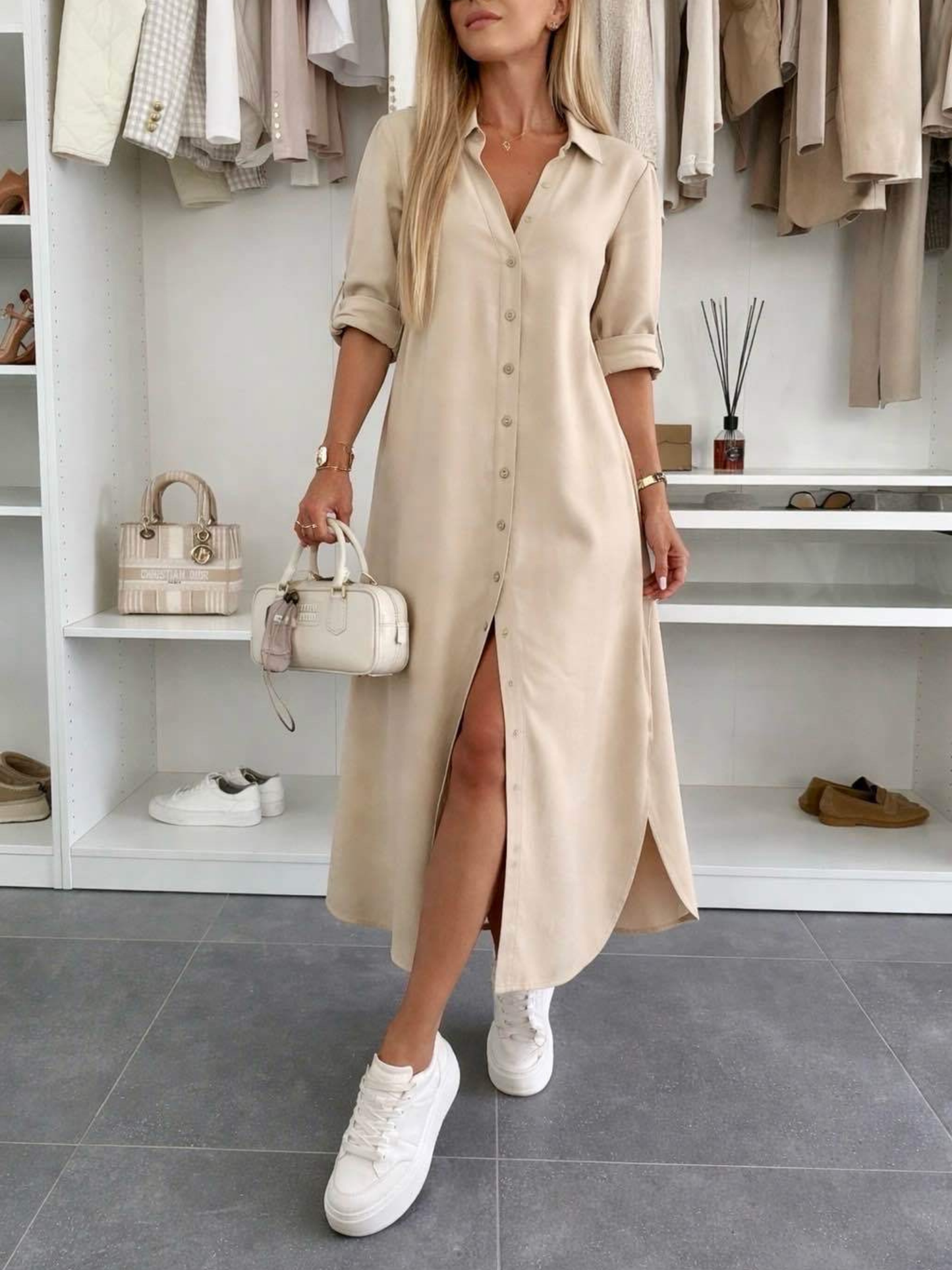 Women's Midi Shirt Dress with Rolled Sleeves and Loose Fit