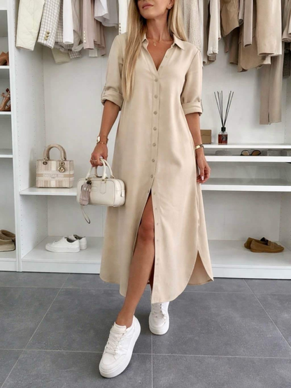 Women's Midi Shirt Dress with Rolled Sleeves and Loose Fit