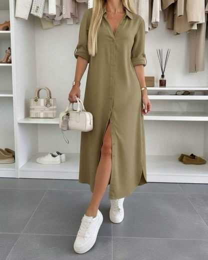 Women's Midi Shirt Dress with Rolled Sleeves and Loose Fit