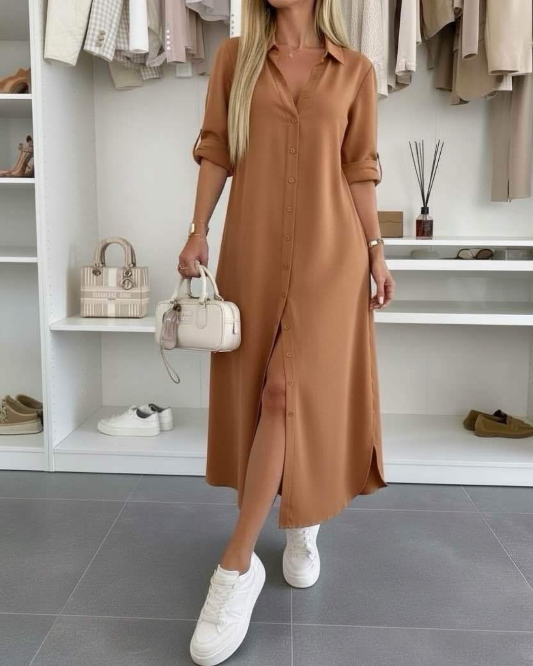 Women's Midi Shirt Dress with Rolled Sleeves and Loose Fit
