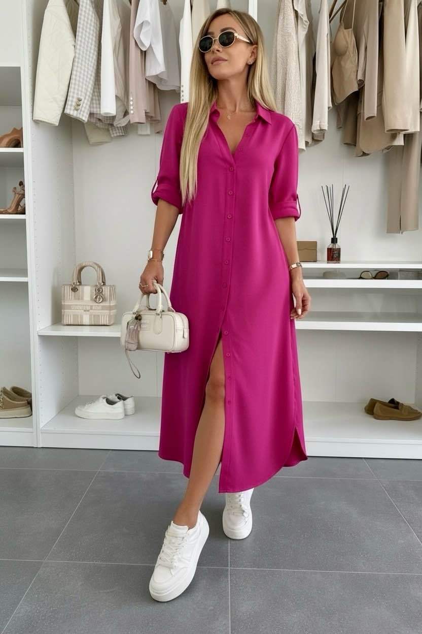 Women's Midi Shirt Dress with Rolled Sleeves and Loose Fit