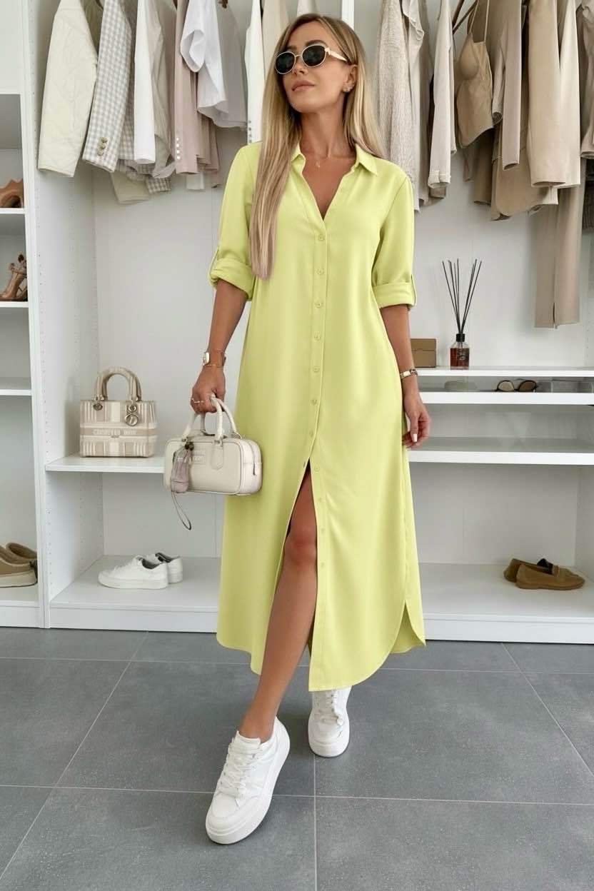 Women's Midi Shirt Dress with Rolled Sleeves and Loose Fit