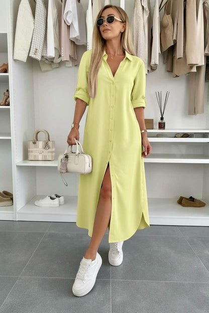 Women's Midi Shirt Dress with Rolled Sleeves and Loose Fit