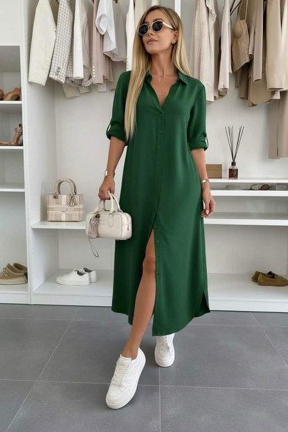 Women's Midi Shirt Dress with Rolled Sleeves and Loose Fit