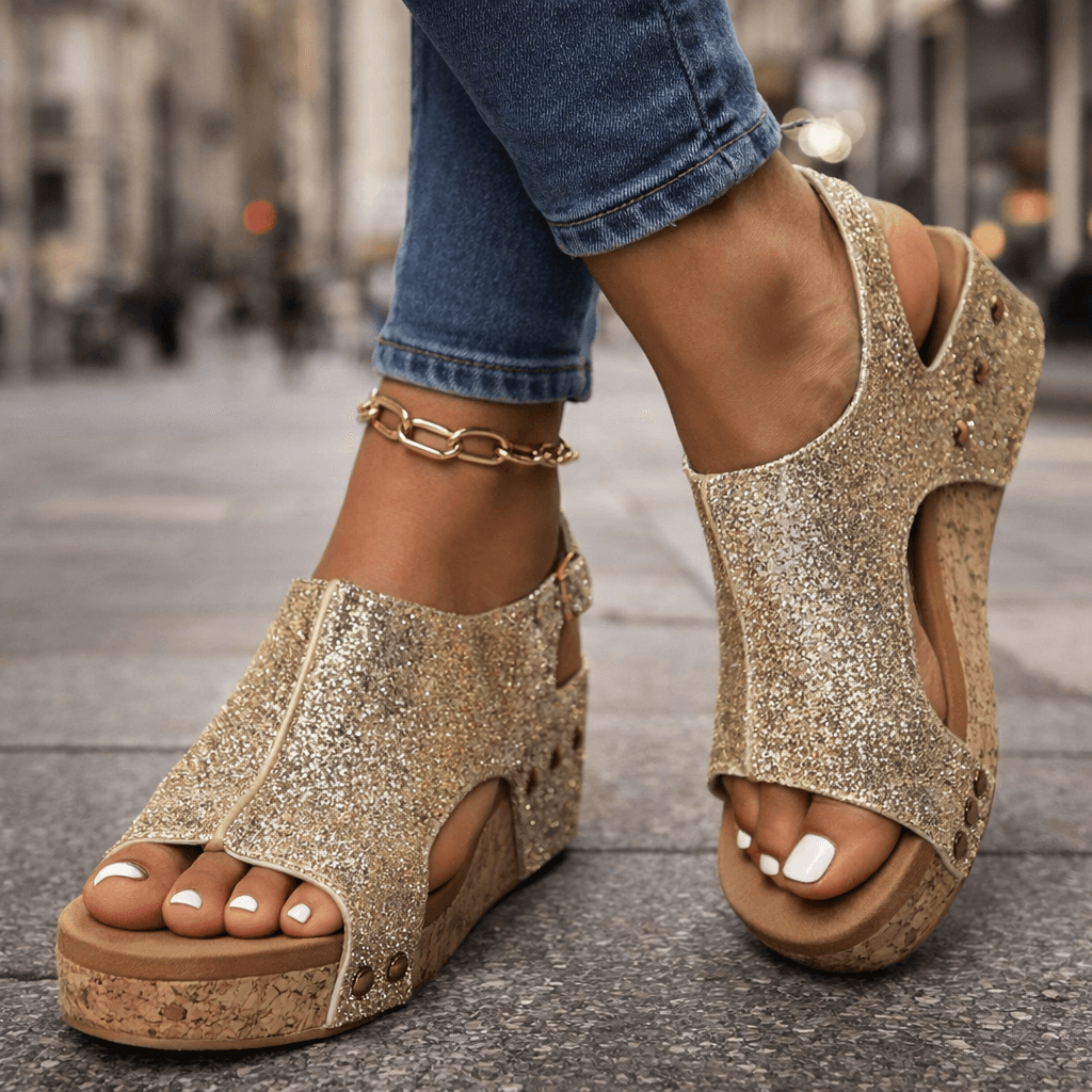 Women's Open-Toe Platform Sandals with Glittering Brocade Finish