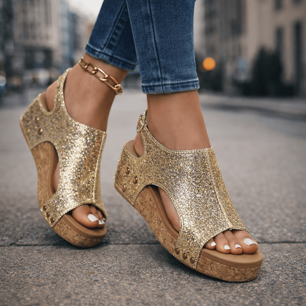Women's Open-Toe Platform Sandals with Glittering Brocade Finish