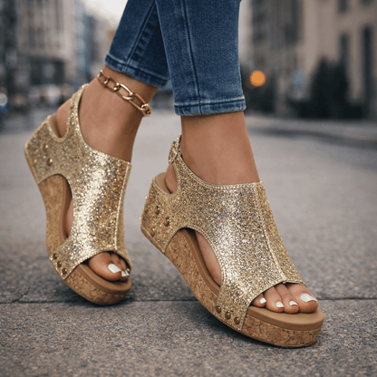 Women's Open-Toe Platform Sandals with Glittering Brocade Finish