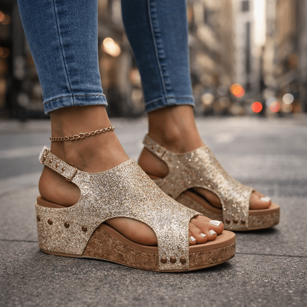 Women's Open-Toe Platform Sandals with Glittering Brocade Finish