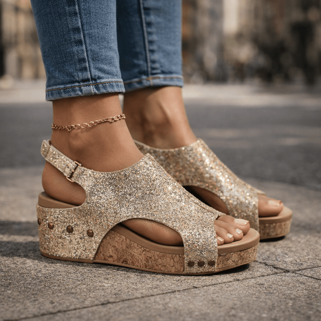 Women's Open-Toe Platform Sandals with Glittering Brocade Finish
