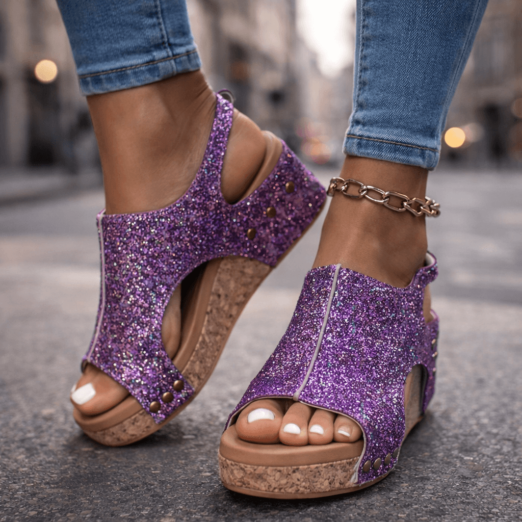 Women's Open-Toe Platform Sandals with Glittering Brocade Finish
