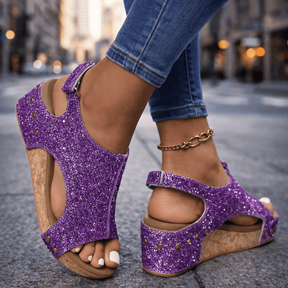 Women's Open-Toe Platform Sandals with Glittering Brocade Finish