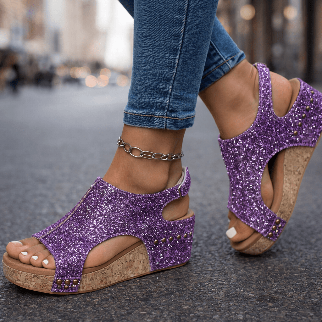 Women's Open-Toe Platform Sandals with Glittering Brocade Finish