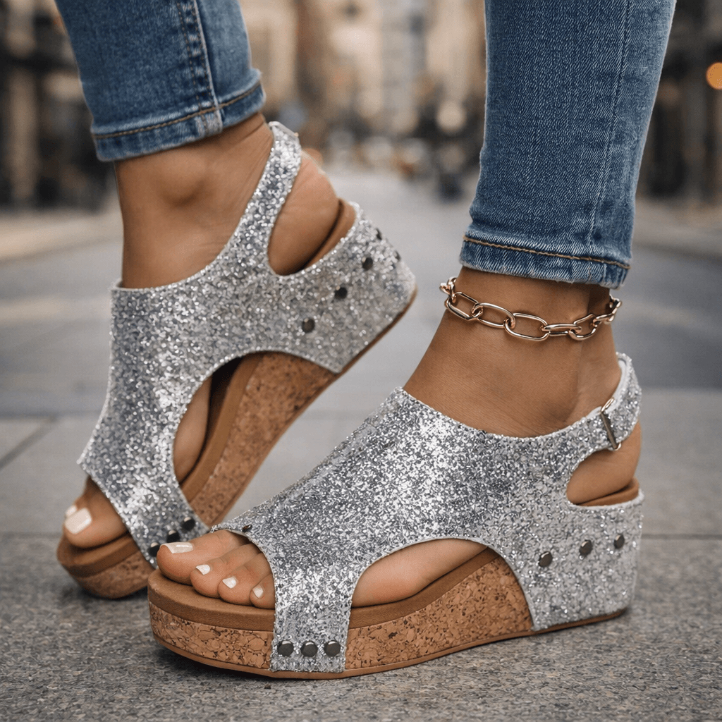 Women's Open-Toe Platform Sandals with Glittering Brocade Finish