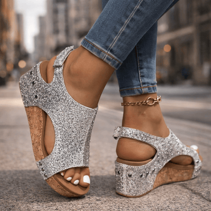 Women's Open-Toe Platform Sandals with Glittering Brocade Finish
