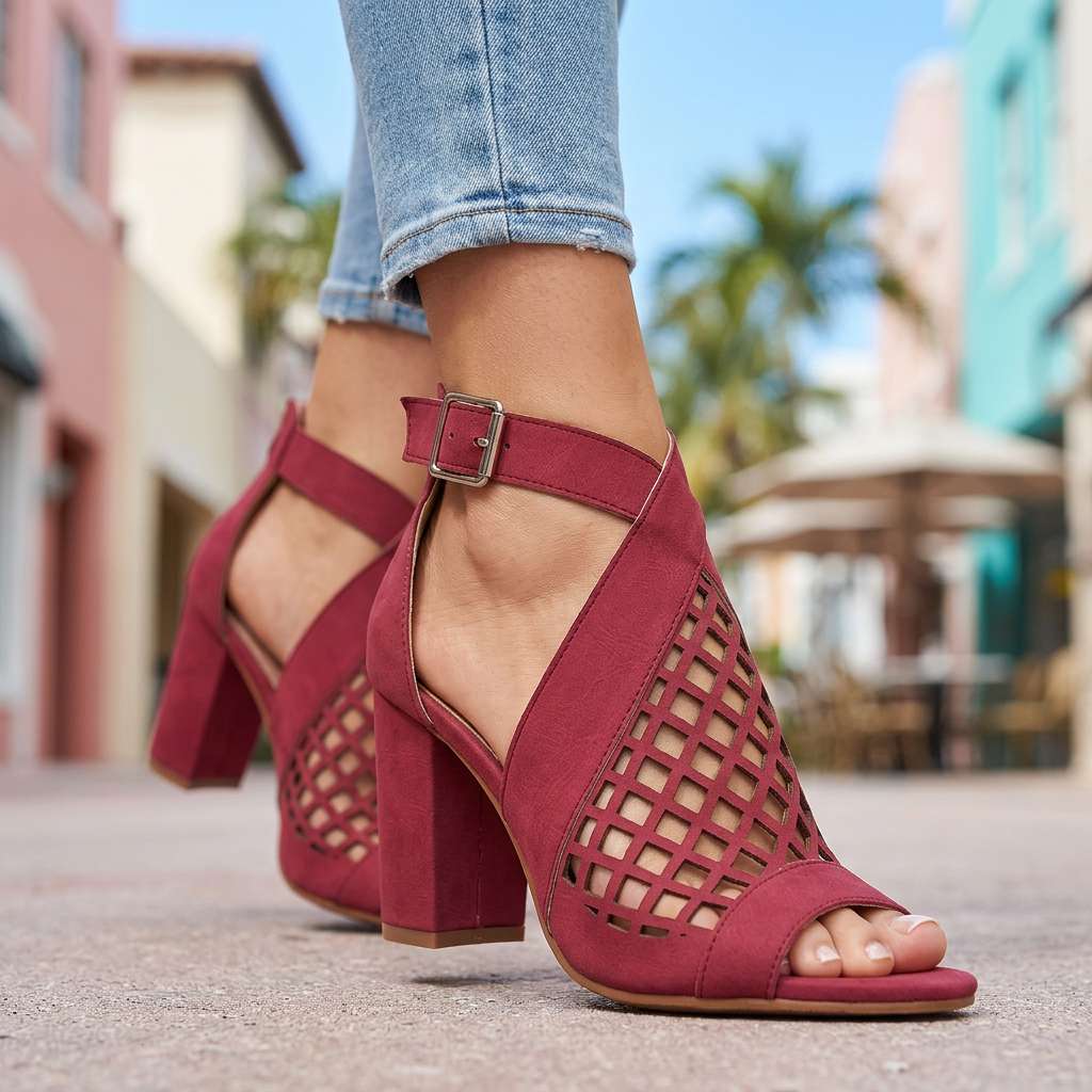 Women's Open Toe Heels with Lattice Pattern and Block Heel