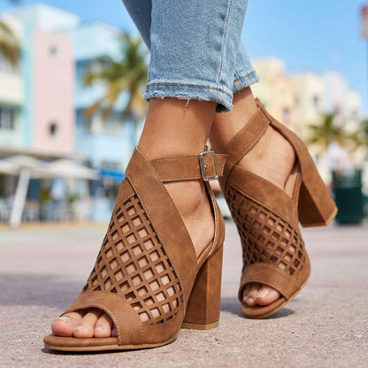 Women's Open Toe Heels with Lattice Pattern and Block Heel