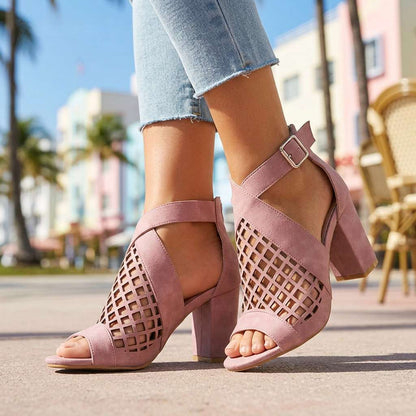 Women's Open Toe Heels with Lattice Pattern and Block Heel