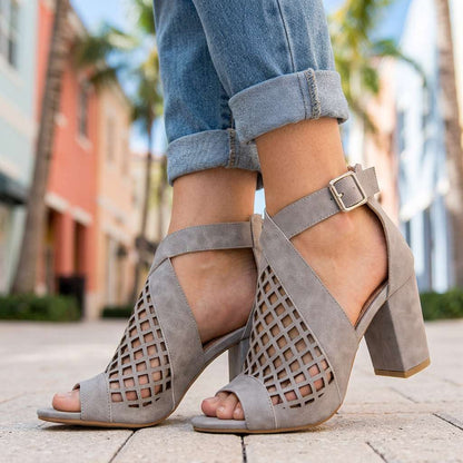 Women's Open Toe Heels with Lattice Pattern and Block Heel