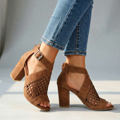 Women's Open Toe Heels with Lattice Pattern and Block Heel