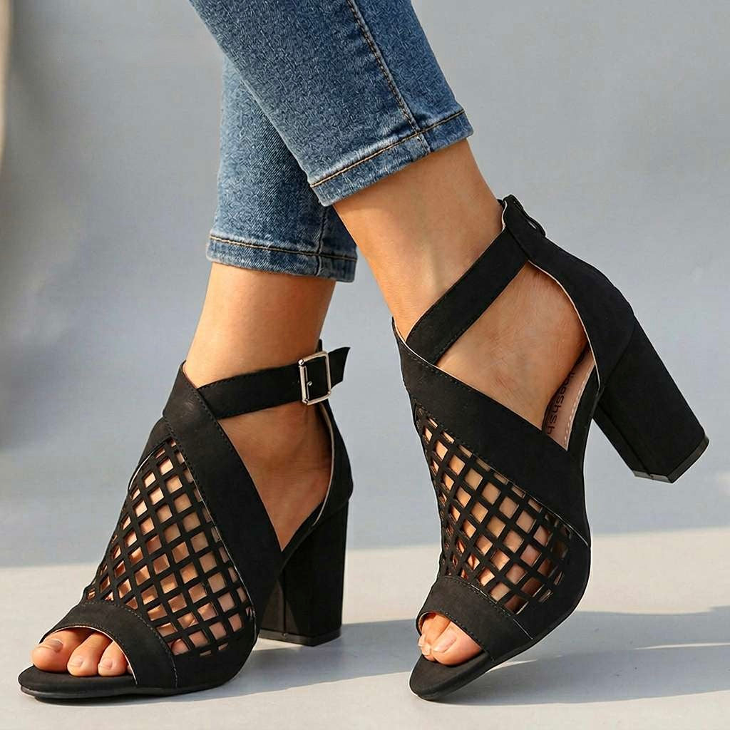 Women's Open Toe Heels with Lattice Pattern and Block Heel