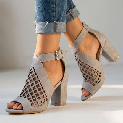 Women's Open Toe Heels with Lattice Pattern and Block Heel