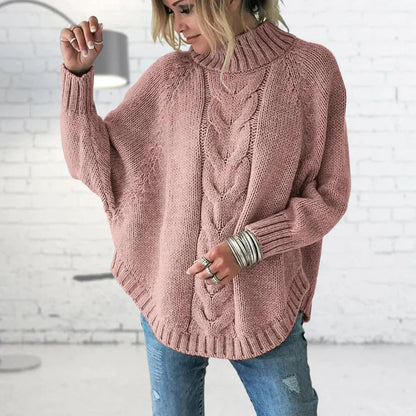 Women's Oversized Cable Knit Jumper with Turtleneck for Cosy Comfort