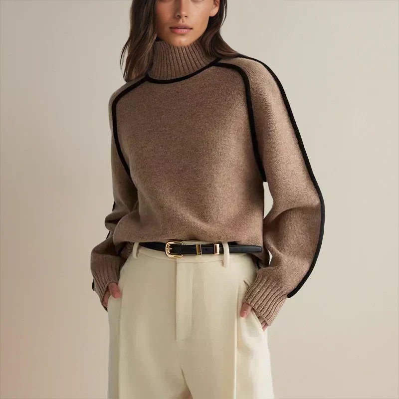 Women's Oversized Colourblock Knit Jumper with Ribbed Turtleneck