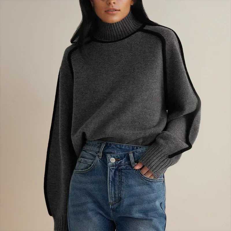 Women's Oversized Colourblock Knit Jumper with Ribbed Turtleneck