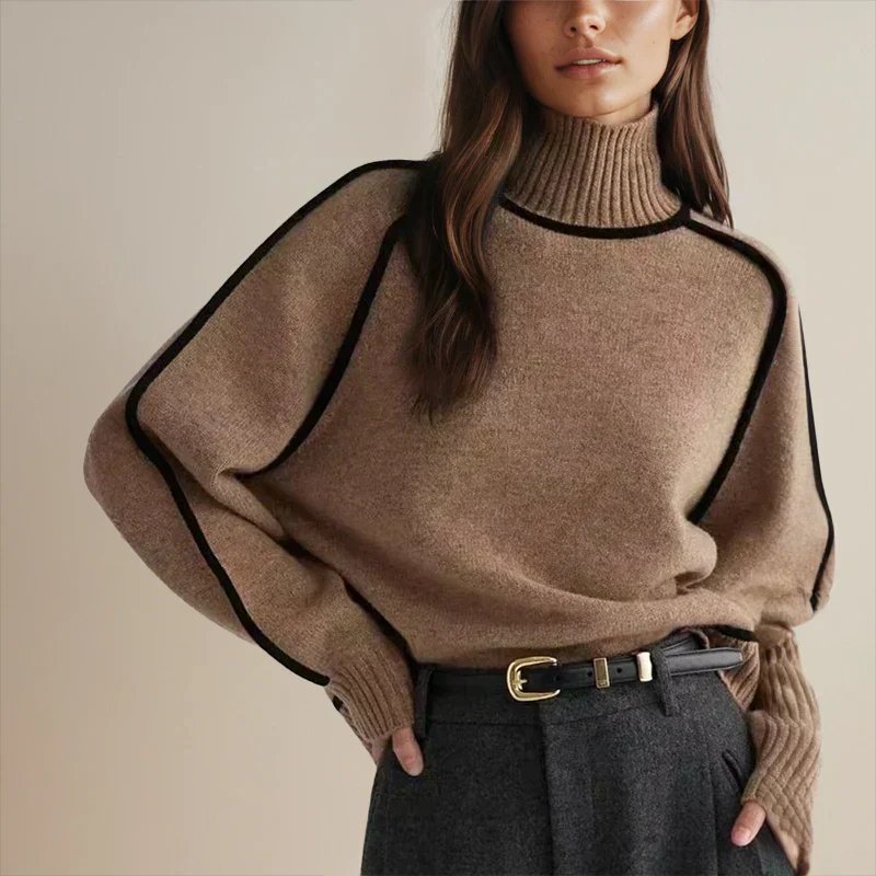 Women's Oversized Colourblock Knit Jumper with Ribbed Turtleneck