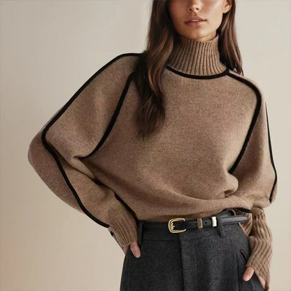 Women's Oversized Colourblock Knit Jumper with Ribbed Turtleneck
