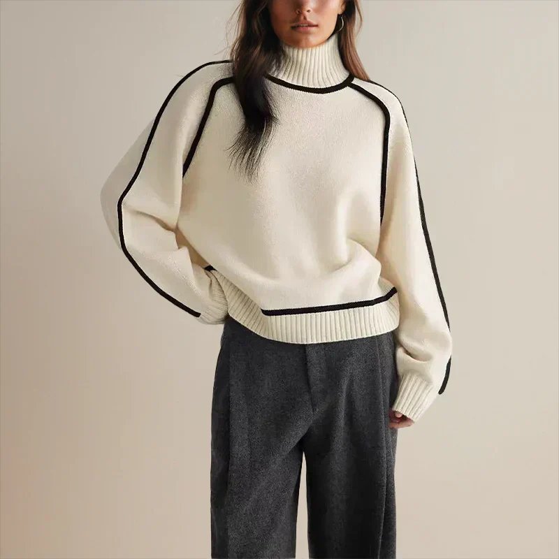 Women's Oversized Colourblock Knit Jumper with Ribbed Turtleneck