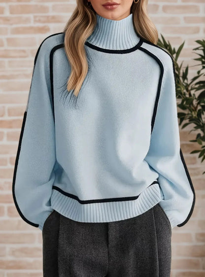 Women's Oversized Colourblock Knit Jumper with Ribbed Turtleneck
